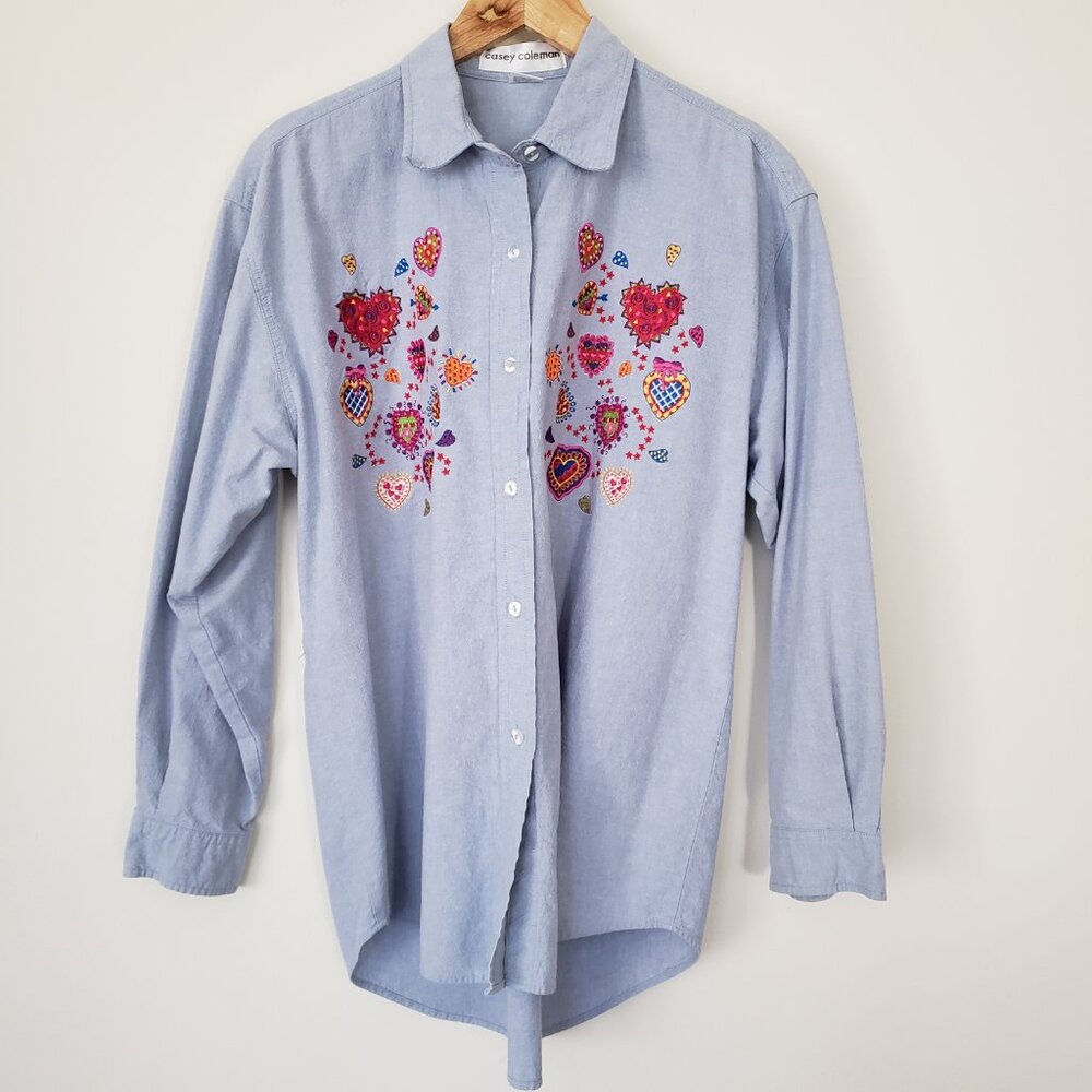 Casey Coleman Size L 100% Cotton Embroidered Hearts Denim Button Down Shirt - Picture 2 of 13